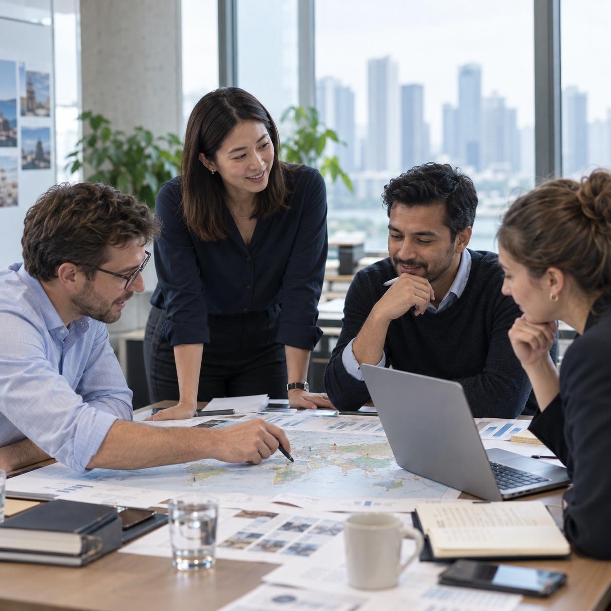 Research strategists reviewing a multi-market fieldwork plan