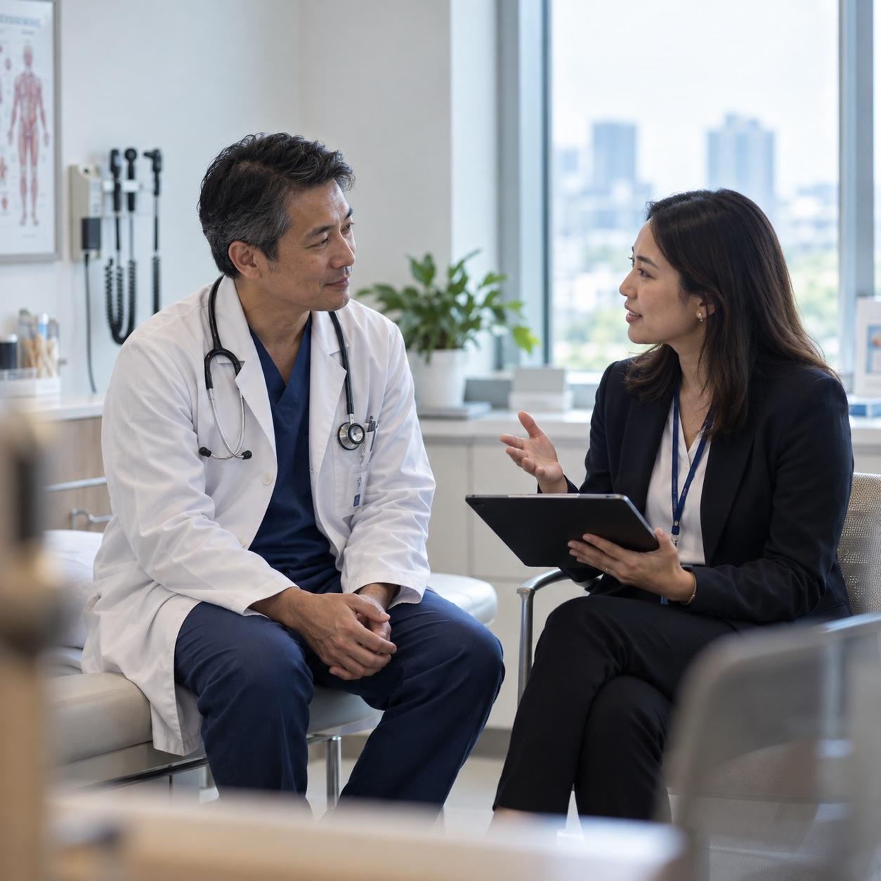A physician in discussion with a healthcare researcher
